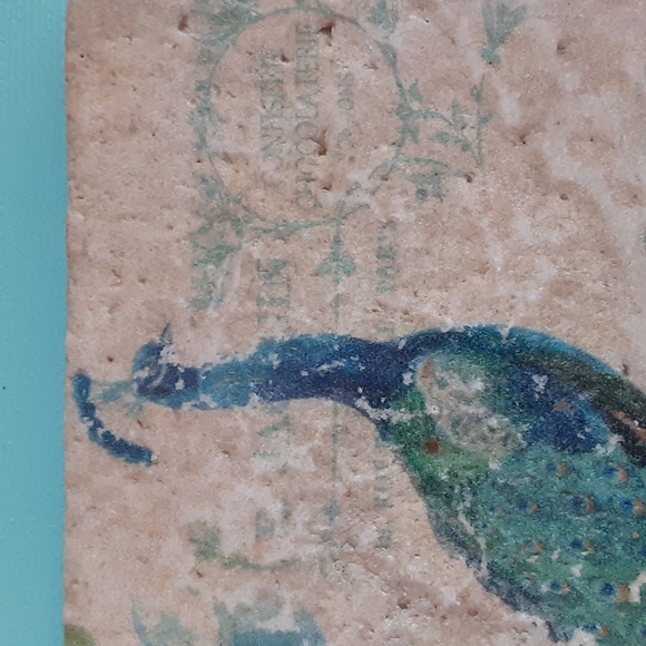 Peacock Image on 4"x4" natural stone coaster, set, walnut holder, cream blu/gr - Picture 5 of 14